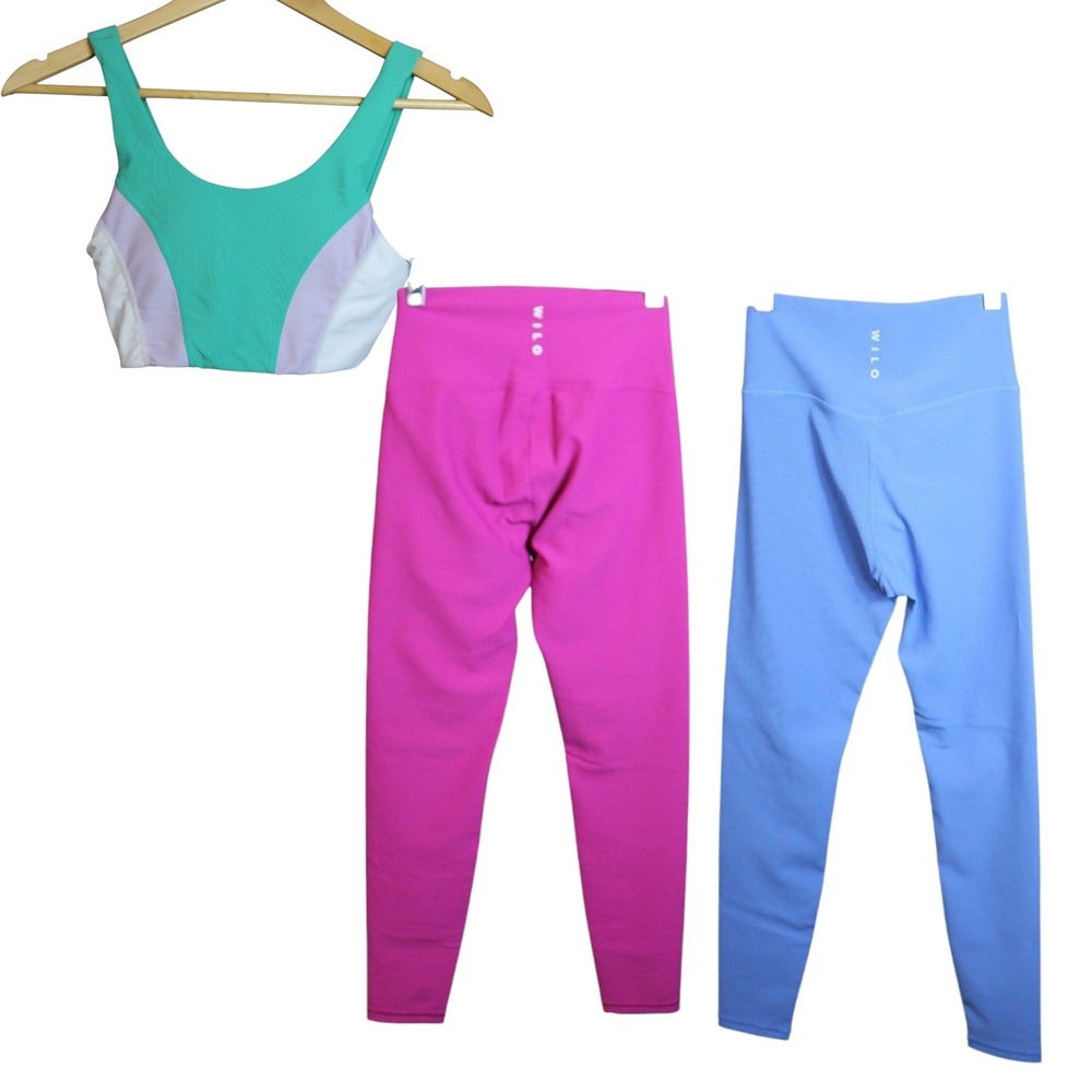 ✨ WILO Leggings Small & Sports Bra XS Blue Pink‎ Green Purple White 3 PC SET